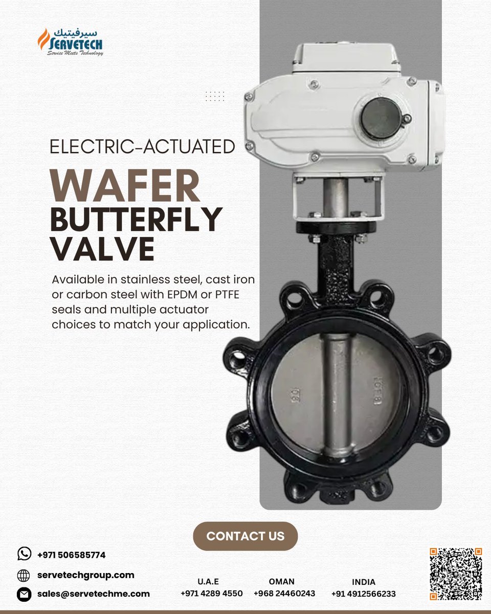 Servetech_'s tweet image. ⚡ Electric-Actuated Wafer Butterfly Valve 
Stainless / cast / carbon steel • EPDM or PTFE seals • Torque 50–4000 Nm • Size 19–102 mm • Pressure 10 / 16 bar • −10–180°C. 🔧⚡

#ButterflyValve #Actuator #Servetech