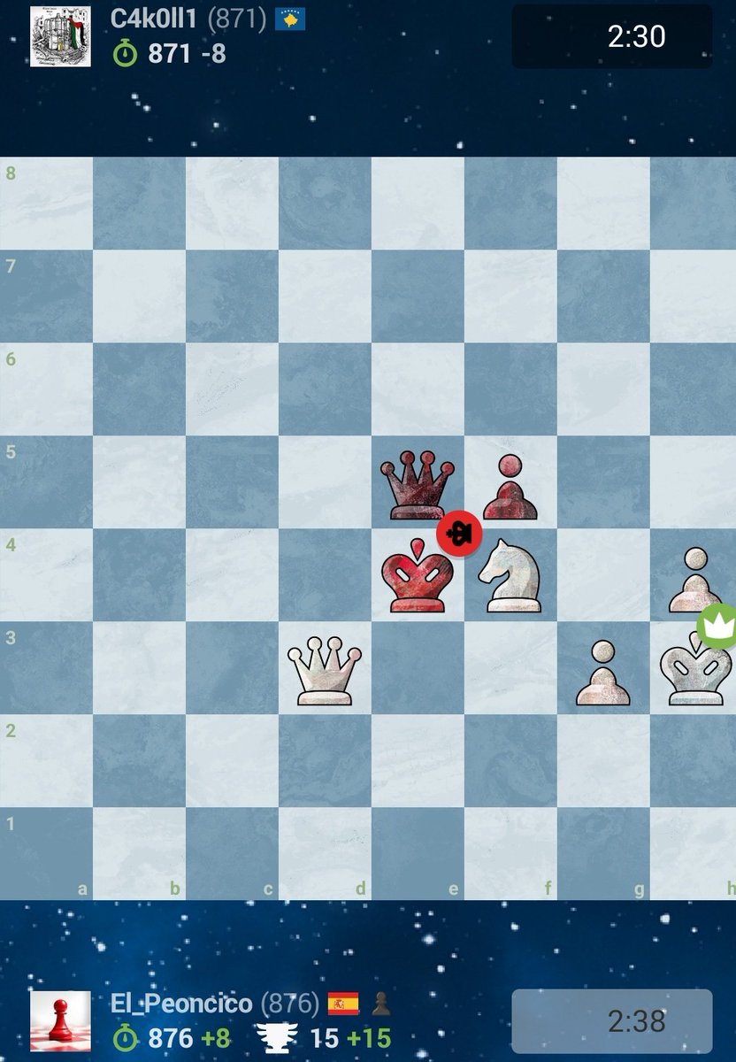 En esta partida rápida 10+0 he conseguido desgastar las defensas de mi rival, al punto de poder sacar a su Rey de paseo y asestarle este Mate tan bonito. ✌️😊

¡Tenéis la partida en <a href="/chesscom_es/">Chess.com en Español</a>!

#Ajedrez #ChessPunks #Chess ♟️

chess.com/live/game/1659…