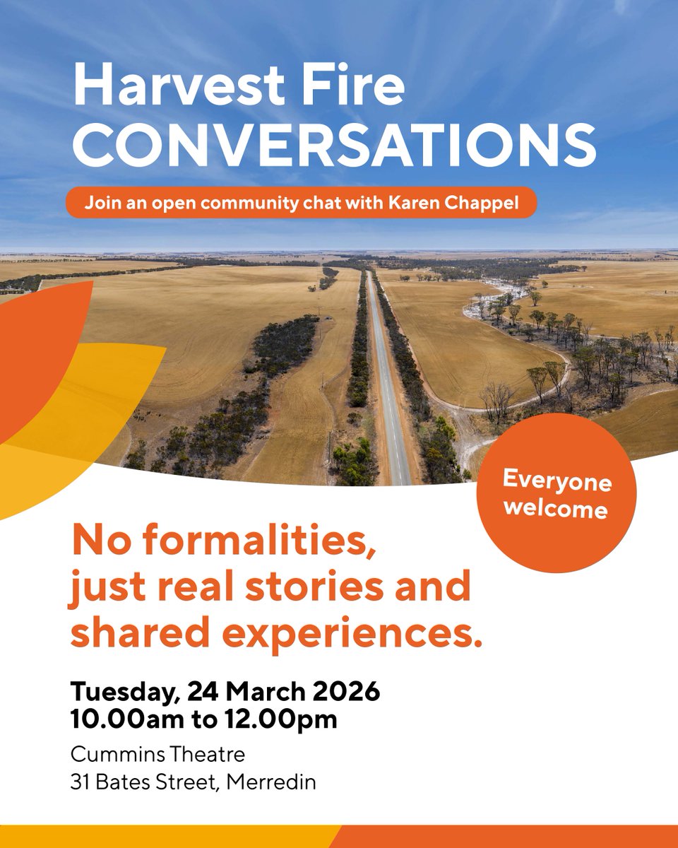 MADFIG14's tweet photo. 🔥Harvest Fire Conversations - Merredin🔥

WA is seeing more harvest fires and DFES wants to hear from those who know harvest best!

No registration required. Come along for an open community chat facilitated by Karen Chappel AM JP.

📅24 Mar
🕑10 – 12
📍Cummins Theatre, Merredin https://t.co/S7rQDy7Ivu