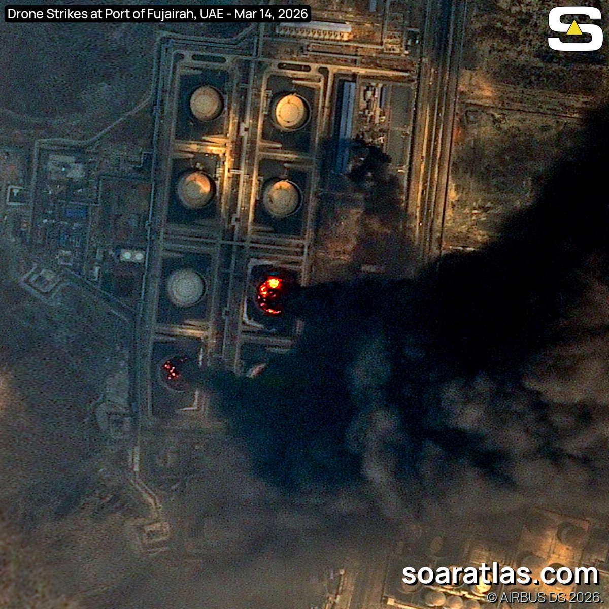 JUST IN 🚨: Soar Atlas has obtained new high-resolution satellite imagery of drone strikes at Port of Fujairah, UAE, from Mar 14th.  
<a href="/AmericaNow24/">America Now</a>