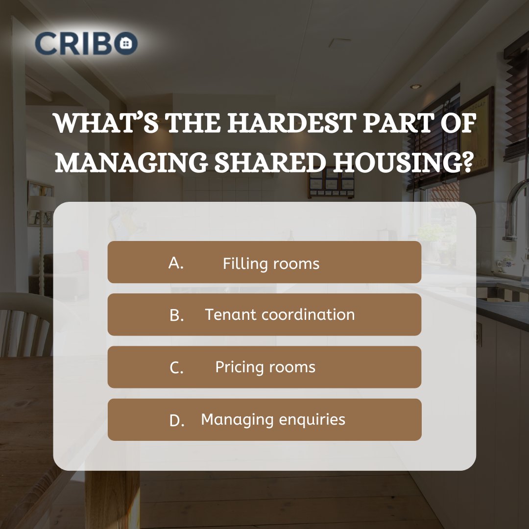 criboltd's tweet photo. Shared housing sounds simple… until you manage it.
What’s the biggest challenge in your opinion?
#PropertyManagement #SharedHousing #LandlordLife #RentalManagement #CRIBO #PropertyPoll https://t.co/SNdhpwGurK