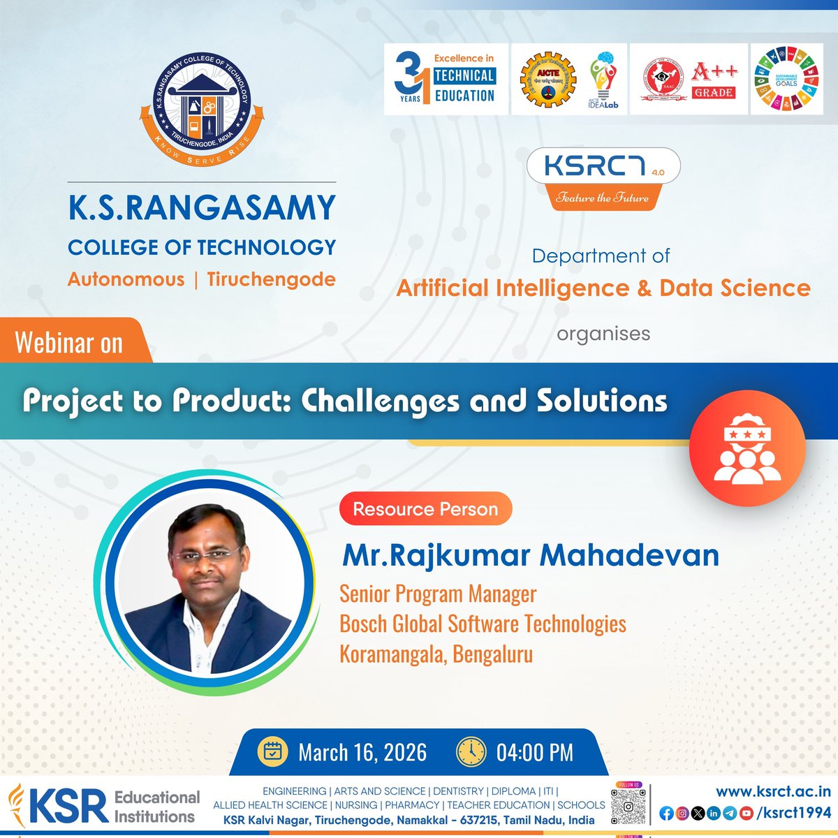 ksrct1994's tweet photo. Webinar on “Project to Product: Challenges and Solutions” on March 16, 2026 at 04:00 PM.
Meeting Link: https://t.co/1ppEVgKxr9
#ksrct1994 #ksr #ksrei #AIandDS #Webinar #ProjectToProduct #Innovation #ProductDevelopment #IndustryInsights #TechInnovation #StudentDevelopment https://t.co/Udny81Vmkv