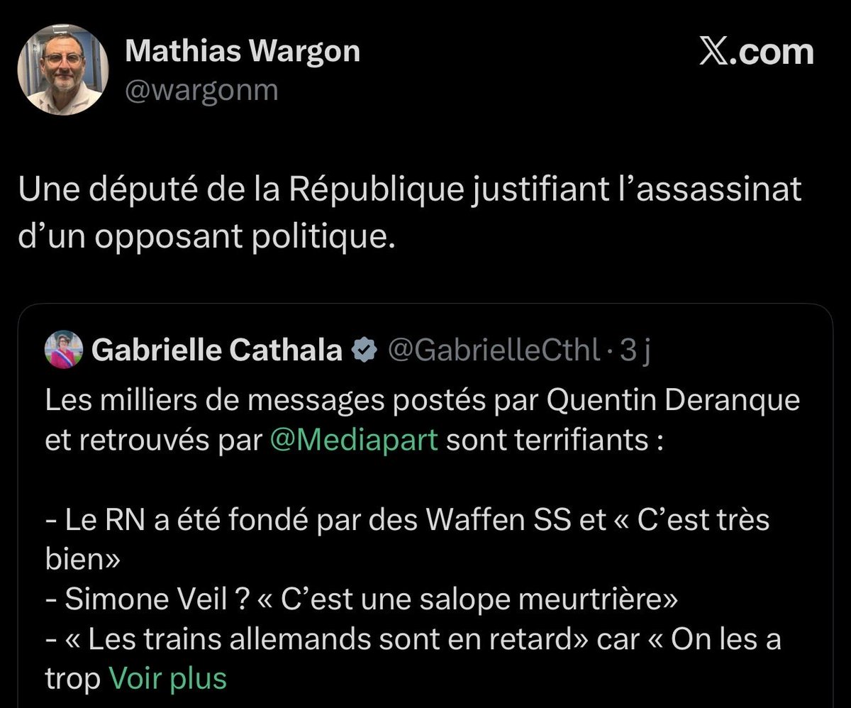 Pour Mathias Wargon, JLM est un « vieillard antisémite » parce qu’il a dit « Glucks-Ment »

Par contre Quentin Deranque est un « ✨opposant politique ✨ » alors qu’il est un authentique nazi turbo-antisémite assumé 

Elle est là la novlangue.