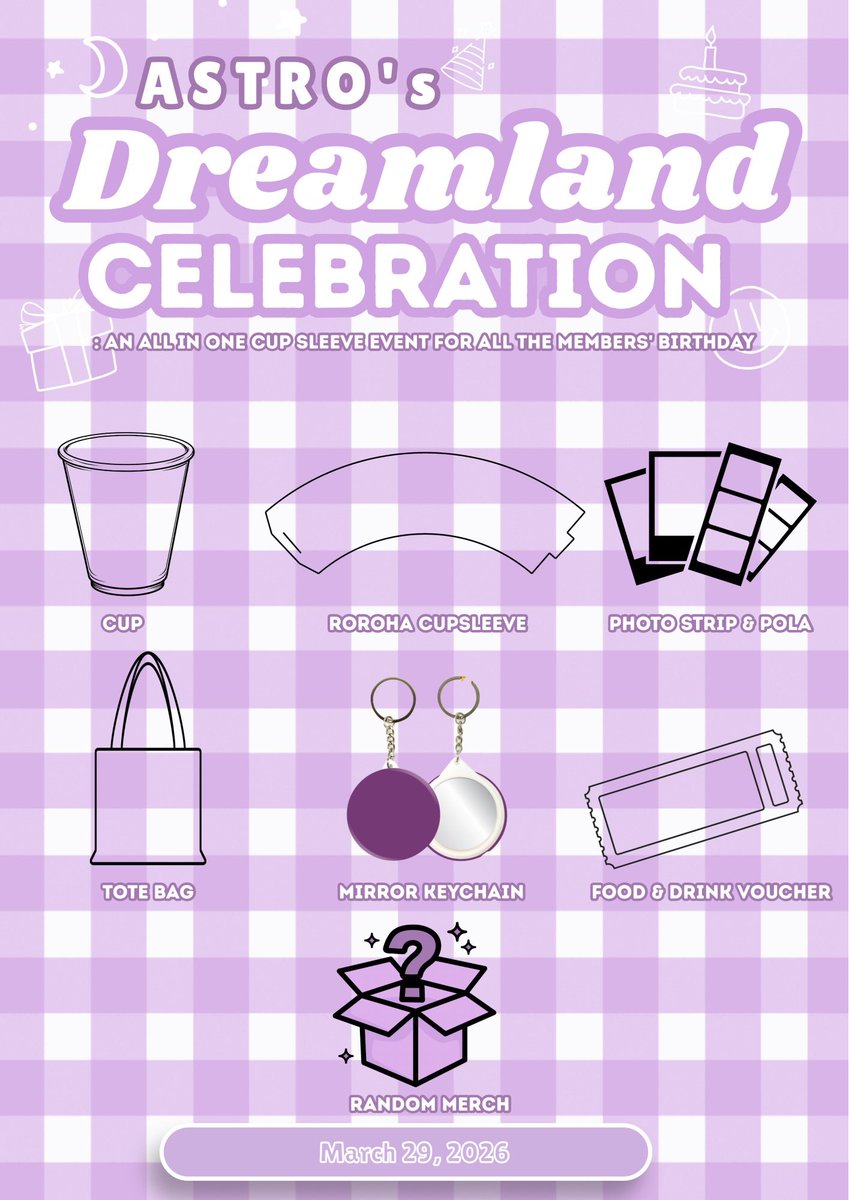 Welcome to ASTRO’s Dreamland Celebration!

A sweet day filled with love for ASTRO! Let’s sip, have fun, and make sweet memories together! ✨

Register here and join us as we celebrate all the members’ birthday on MARCH 29! 💜

form.jotform.com/astrohanica/as…

See you, Arohamos! 💜