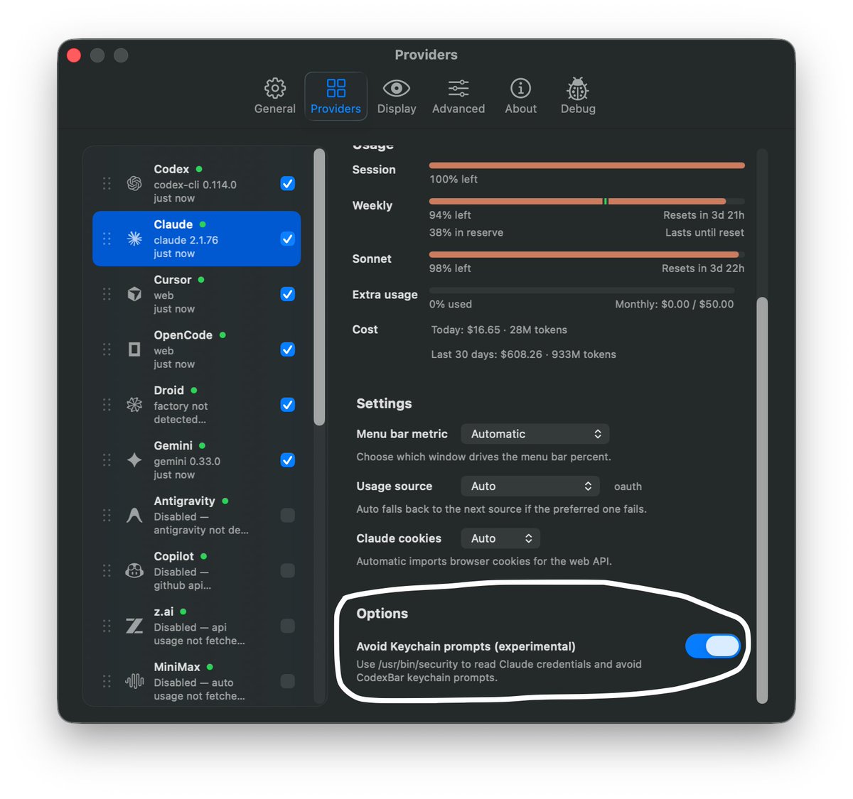 Turn on this setting to get rid of all Claude Keychain prompts when using CodexBar.