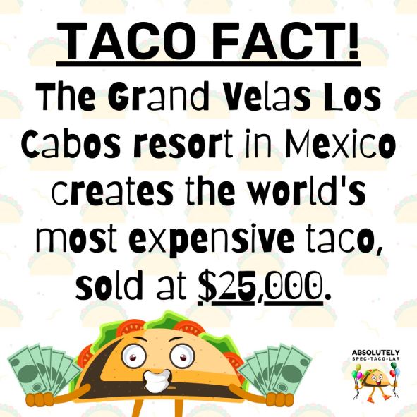 spec_taco_lar's tweet image. Did you know that Grand Velas Los Cabos resort in Mexico creates the world's most expensive taco, sold at $25,000?!

The taco features a gold-flaked corn tortilla, langoustines, Kobe beef, Almas beluga caviar, and black truffle Brie cheese.

#tacos #mostexpensive #tacogold