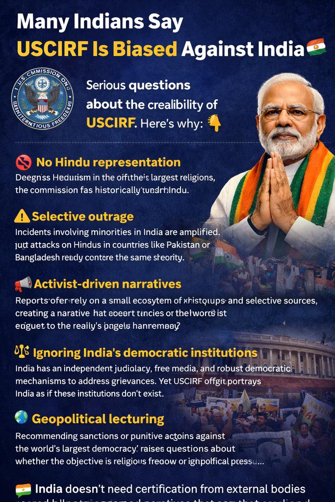 USCIRF’s credibility on India deserves serious scrutiny. Everyone knows its reports reflect bias rather than balanced assessment. Here’s why: 👇

🔹 No Hindu representation
Despite Hinduism being one of the world’s largest religions, the commission has historically lacked Hindu