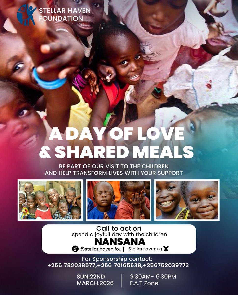 Every smile we create begins with someone who cares. Your support can help us bring happiness, food, and encouragement to these amazing children.
Join us on the 22nd March 2026
📞 Sponsorship &amp; Support:
+256 782038577
+256 701656638
+256 752039773
#StellarHavenFoundation
