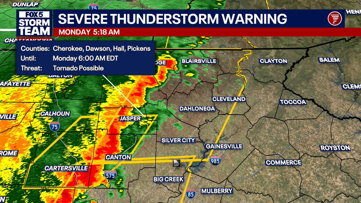 A Severe T-Storm Warning has been issued for Cherokee, Dawson, Pickens, Hall, Forsyth, Union, Lumpkin, Fannin, White, Gilmer, Towns Counties until 3/16 6:00AM.