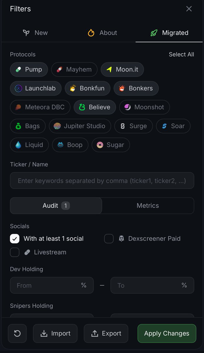 Ini filter yang gue pke di trenches.
Pake <a href="/TrojanOnSolana/">Trojan Trading</a> biar sama filternya.
Standar aja sih.
.
Untuk launchpad disesuaikan sama volume yang lagi bagus.
Cara cek nya? 
Pake bot phanes atau rick. 
Kamu ketik /tren.
Nanti pilih aja sesuai yg lagi jalan.
Good luck