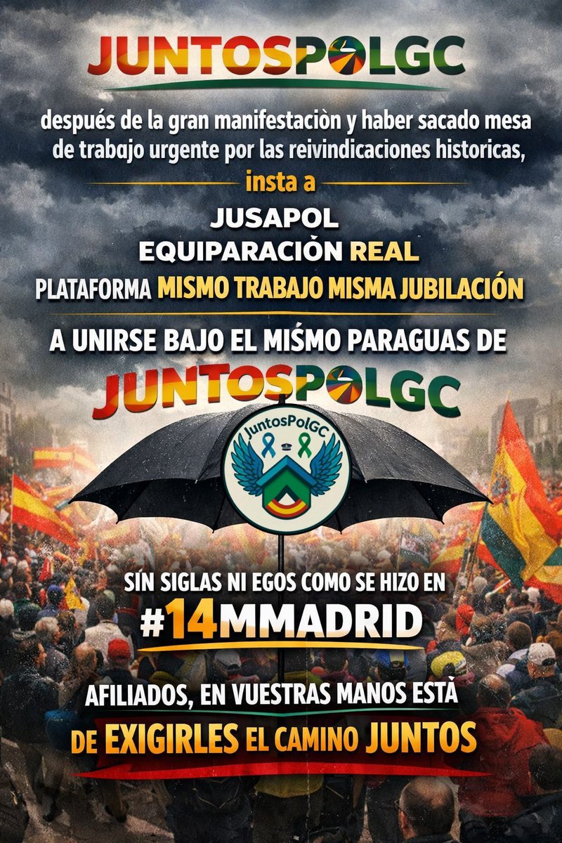🤝 Desde JuntosPolGC invitamos a la plataforma Mismo Trabajo Misma Jubilación, Jusapol y EquiparaciónReal a sentarnos en una mesa común.

🗣️ Es momento de unir fuerzas, unificar criterios y avanzar juntos por los derechos de nuestros compañeros.

💪 La unión es el camino para