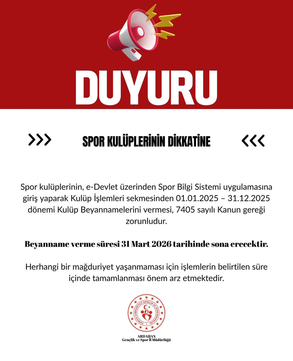 Spor kulüplerinin, e-Devlet üzerinden Spor Bilgi Sistemi uygulamasına giriş yaparak Kulüp İşlemleri sekmesinden 01.01.2025 – 31.12.2025 dönemi Kulüp Beyannamelerini vermesi, 7405 sayılı Kanun gereği zorunludur. Beyanname verme süresi 31 Mart 2026 tarihinde sona erecektir.