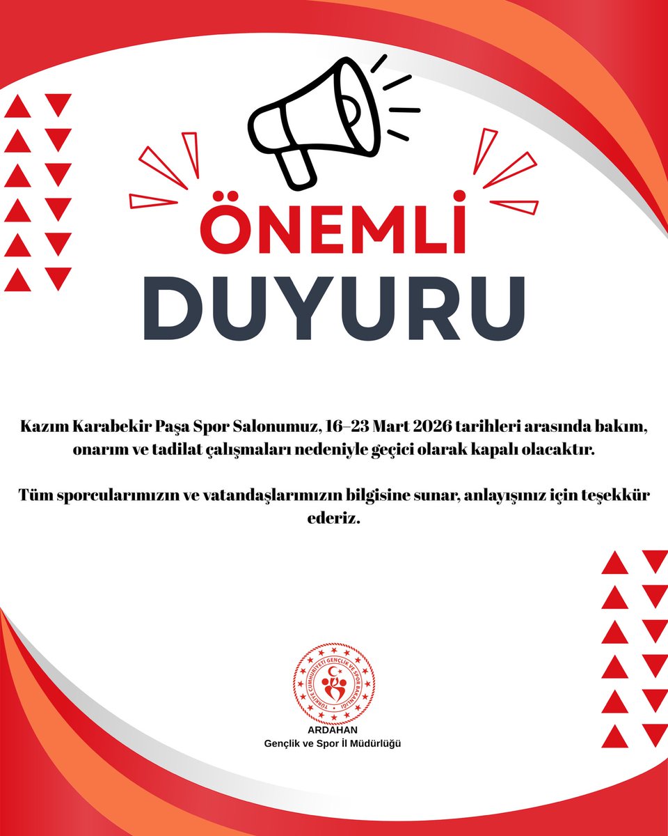 Önemli Duyuru:
Kazım Karabekir Paşa Spor Salonumuz, 16–23 Mart 2026 tarihleri arasında bakım, onarım ve tadilat çalışmaları nedeniyle geçici olarak kapalı olacaktır.

Tüm sporcularımızın ve vatandaşlarımızın bilgisine sunar, anlayışınız için teşekkür ederiz.