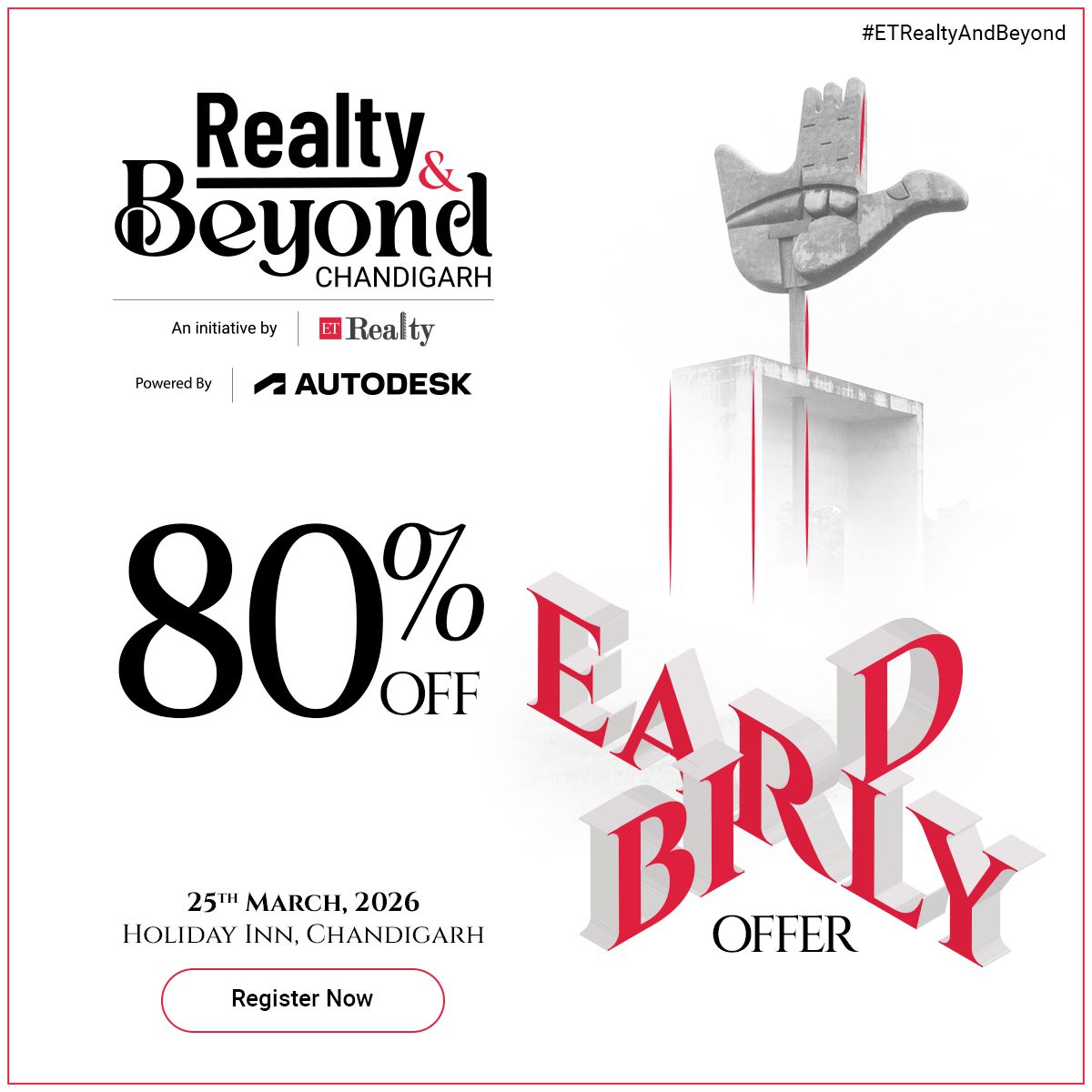 Realty_Et's tweet image. Take advantage of the Early Bird Offer and be part of Realty &amp;amp; Beyond – Chandigarh, where industry leaders come together to discuss the future of real estate.

25 March 2026 | Holiday Inn, Chandigarh
Register now: realty.economictimes.indiatimes.com/realty-beyond-…

#ETRealtyAndBeyond #RealEstateLeadership