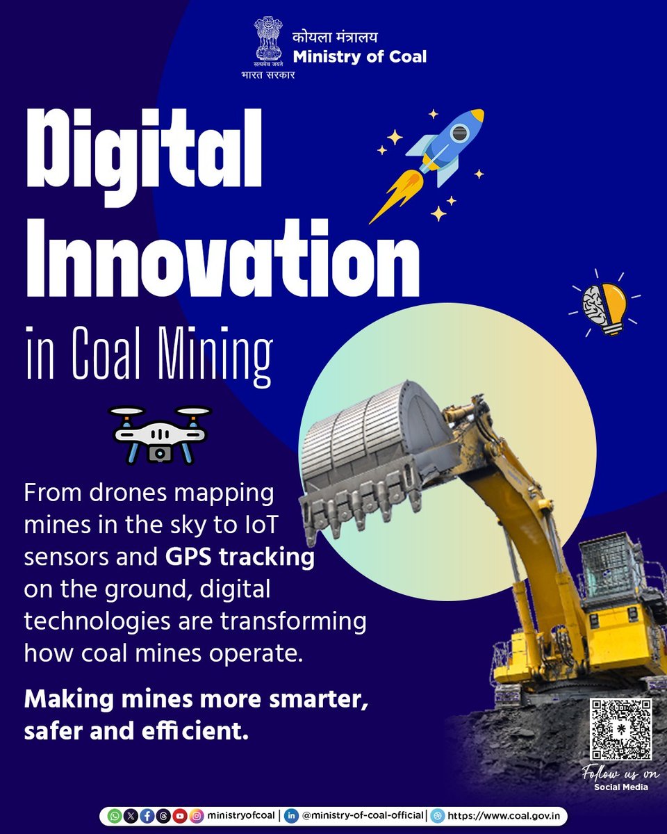 CoalMinistry's tweet image. Digital technologies are transforming coal mining. 

From drone-based mine mapping to IoT sensors and GPS tracking, innovation is making mining operations smarter, safer and more efficient.

#DigitalInnovation #SmartMining #MinistryOfCoal