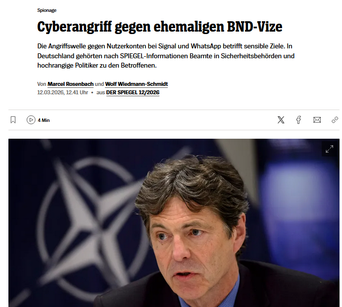 SMaurizi's tweet photo. buongiorno!
Secondo #DerSpiegel, l'ex numero 2 dei servizi tedeschi del BND e responsabile condivisione intelligence #NATO è cascato nell'attacco di phishing su #Signal da cui noi ci siamo salvati a gennaio,mentre lavoravamo alle inchieste su #ICE e corsi #antisemitismo polizia https://t.co/AyGcQ2VQSb