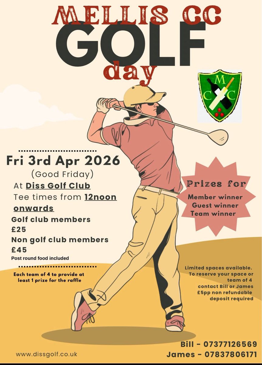 Melliscricket's tweet photo. Only one tee slot left for our golf day on Good Friday at Diss GC. 1pm Shot gun start .
All very welcome,Get in touch if you’d like to join us for a great day. https://t.co/wPZtd3vBVc