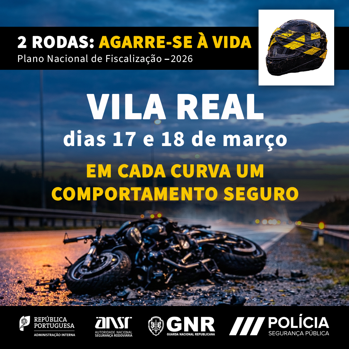 PSP_Portugal's tweet photo. Em 2 rodas, qualquer erro pode ser fatal. 🏍️
Nos dias 17 e 18 de março, a PSP estará no distrito de Vila Real, juntamente com a @ansegrodoviaria e a @GNRepublicana, a realizar ações de sensibilização e fiscalização para motociclistas e automobilistas.
#Motards #DuasRodas https://t.co/An7rbr3QXM