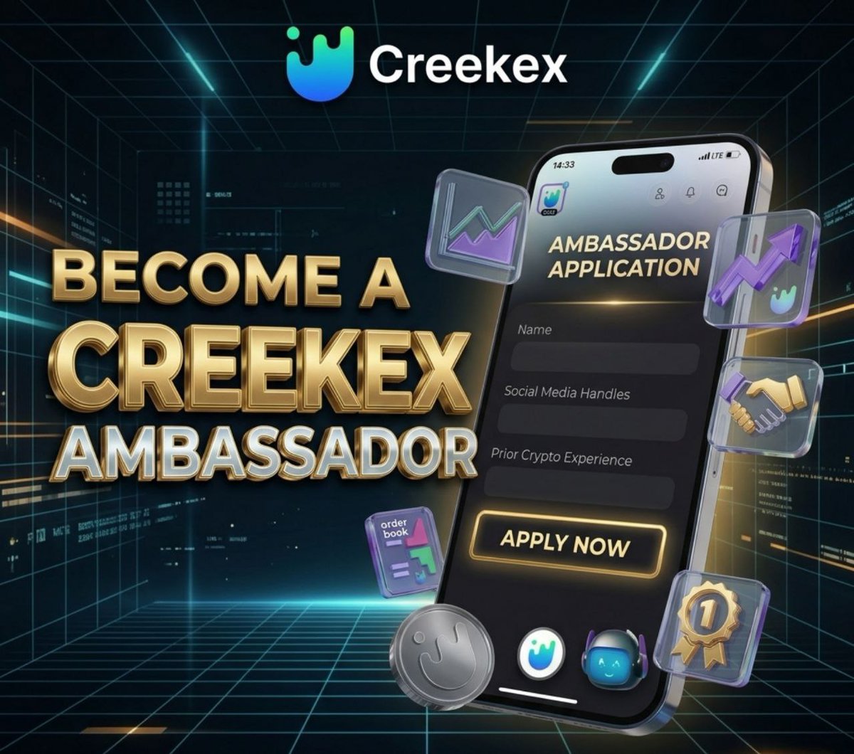 🚀 Creekex Ambassador Program is LIVE! 🚀

Are you a crypto enthusiast, a lover of the space, or a builder at heart? 

This is your moment to shine. We are looking for the next faces of #Creekex!

How to Enter:

📌 Follow us and 🔔
📌 Quote this post telling us your best skills