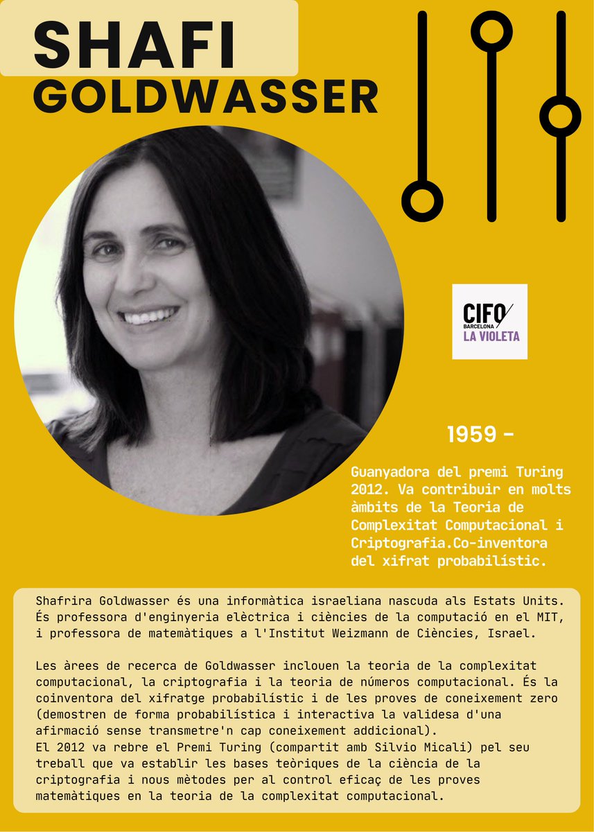 🤩Shafi Goldwasser · Guardiana dels secrets digitals 
En un món ple de dades, algú ha de saber protegir els secrets. Una de les grans ments darrere de la criptografia moderna 
#CIFOlaVioleta #8M #donesTIC #Talent #tecnologiaogía #revolucióndigital #futuro #TransformaciónDigital