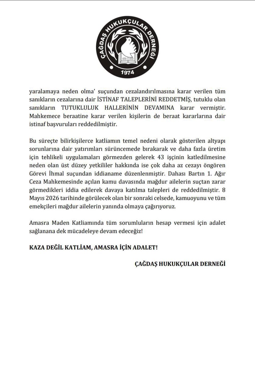 Amasra Maden Katliamı Davasına dair istinaf mahkemesi kararı açıklandı. 

Tüm sorumluların hesap vermesi için adalet mücadelemiz devam edecek.