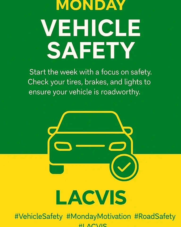 OfficialLACVIS's tweet image. New week. New journeys. Same safety responsibility.

Before you hit the road today, take a moment to ensure your vehicle is ready for the week ahead. A quick safety check can make all the difference.

Drive safe. Arrive safe.

#VehicleSafety #DriveSafe #LACVIS #SafetyFirst