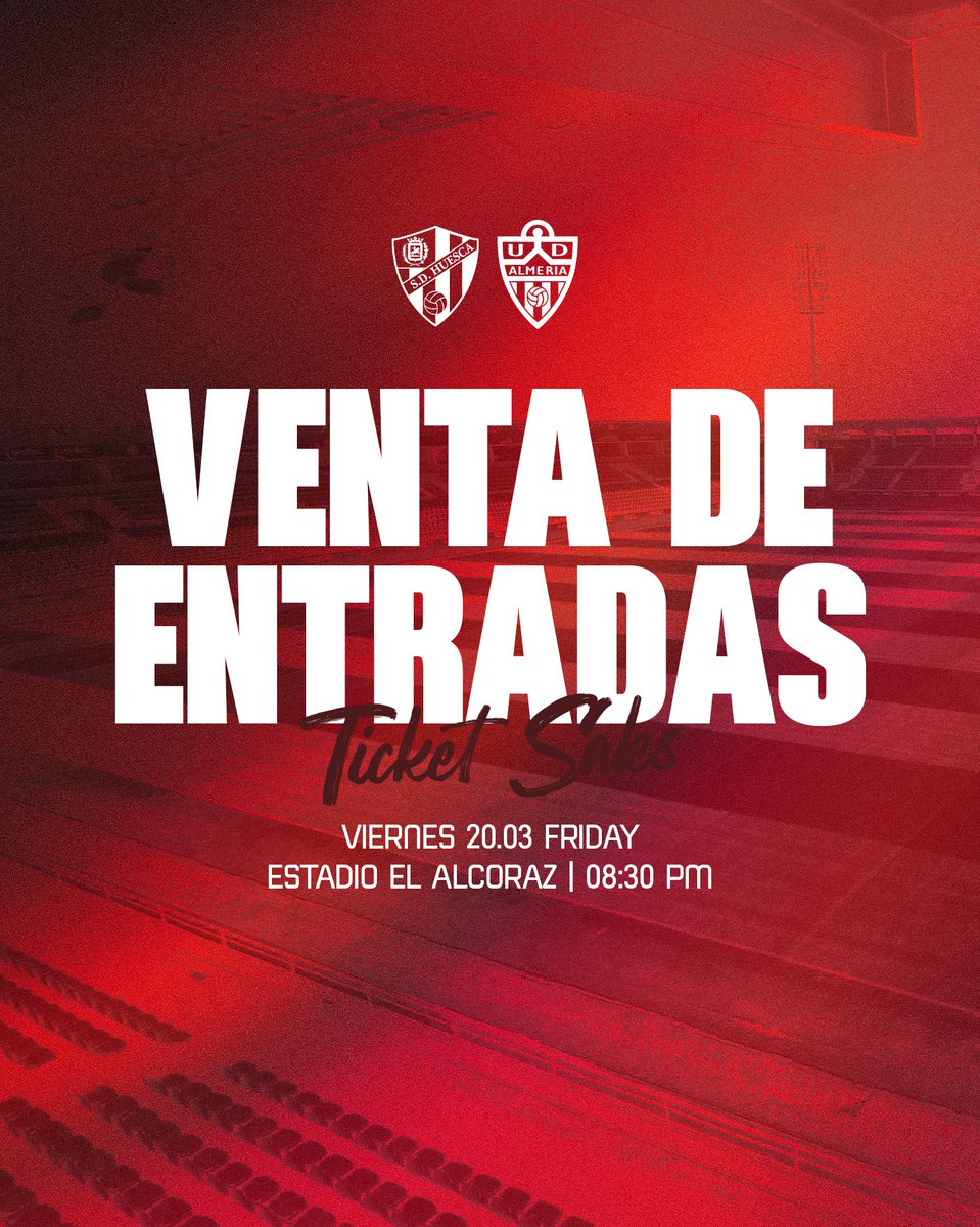 🎟 Disponibles las entradas para el #HuescaAlmería.

⚠️ Solo para abonados.
🔗 abonados.udalmeriasad.com
▪️ 25 €
💻 Reservas: hasta las 12:00 h. del miércoles 18 de marzo o hasta final de asistencias.
📩 La entrada llegará al correo electrónico.
