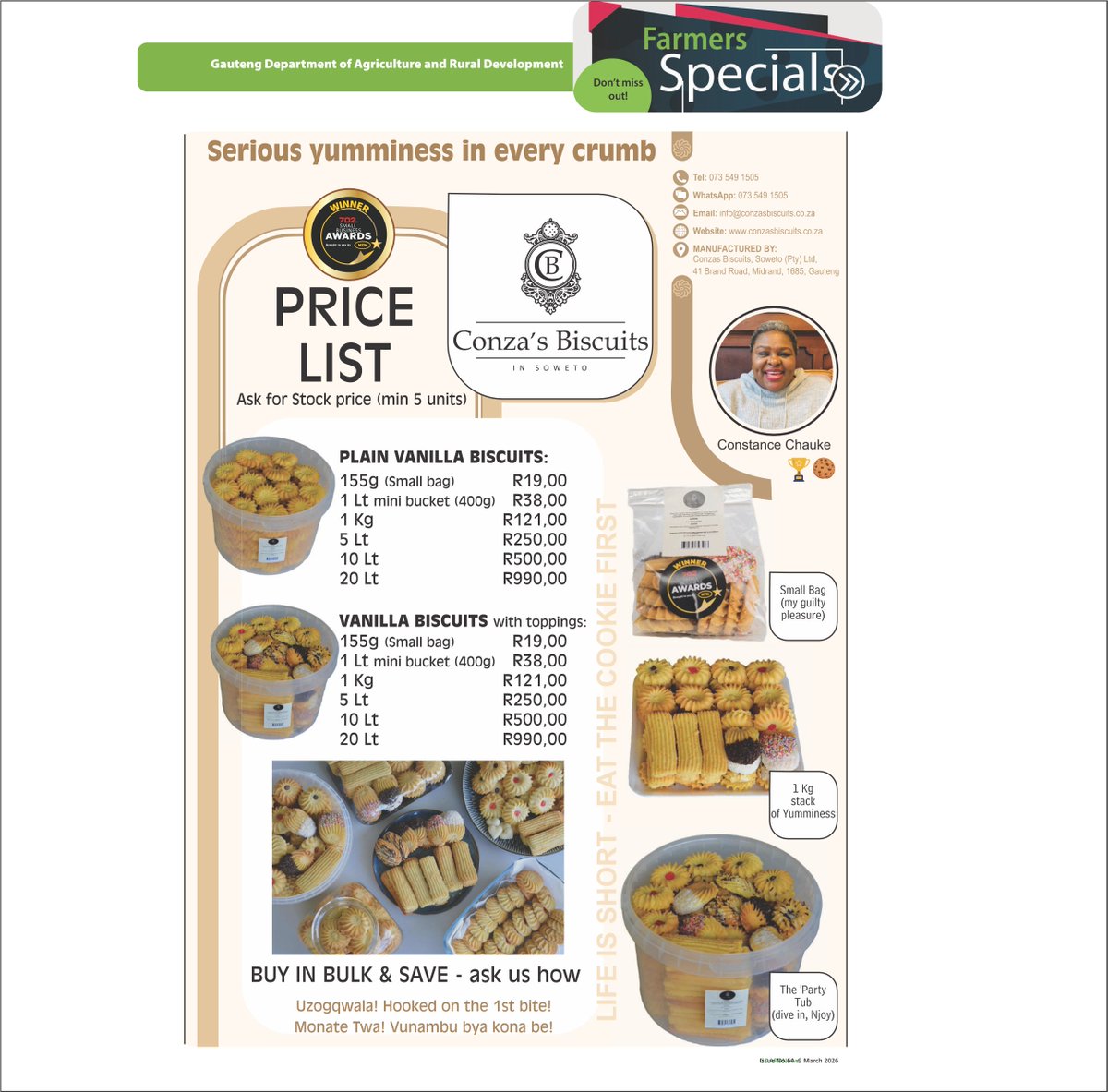 OfficialGDARD's tweet photo. Founded by Constance Chauke and now led by her daughters, Rhulani and Rihandzu, Conza’s Biscuits is a true powerhouse of the township economy.
We are proud to have supported their journey through GDARD’s design services.
#AgroProcessing #TownshipEconomy #GDARD #BrandingExcellence https://t.co/6YPs0L1V4f