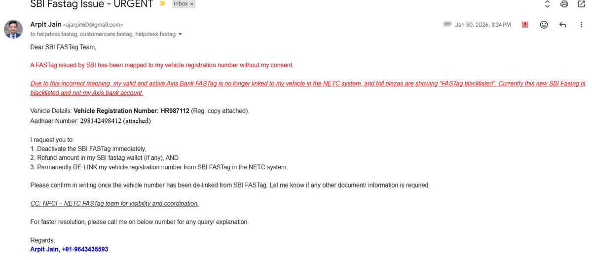 arpitcalm's tweet photo. Vehicle HR987112 is wrongly mapped to an SBI FASTag issued to another person (Hariom Singh). Because of this my valid Axis FASTag is blocked in NETC and toll plazas show FASTag blacklisted. Issue pending 90 days
@TheOfficialSBI  @sbicare  @NPCI_NPCI  @FASTag_NETC  @NHAI_Official https://t.co/3ApISZmQz3