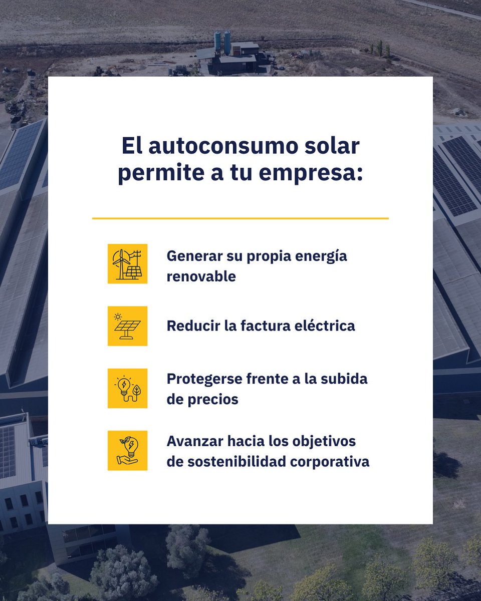 EIDFsolar's tweet photo. ☀️¿Por qué integrar el #autoconsumofotovoltaico en su empresa?

Pasarte al autoconsumo de la mano de EIDF es subirte al tren de la #sostenibilidad y la transición energética. Llámanos y te informaremos sin compromiso👉https://t.co/cJmkN2MbZG

#Energíasrenovables https://t.co/vSbflsoPU9