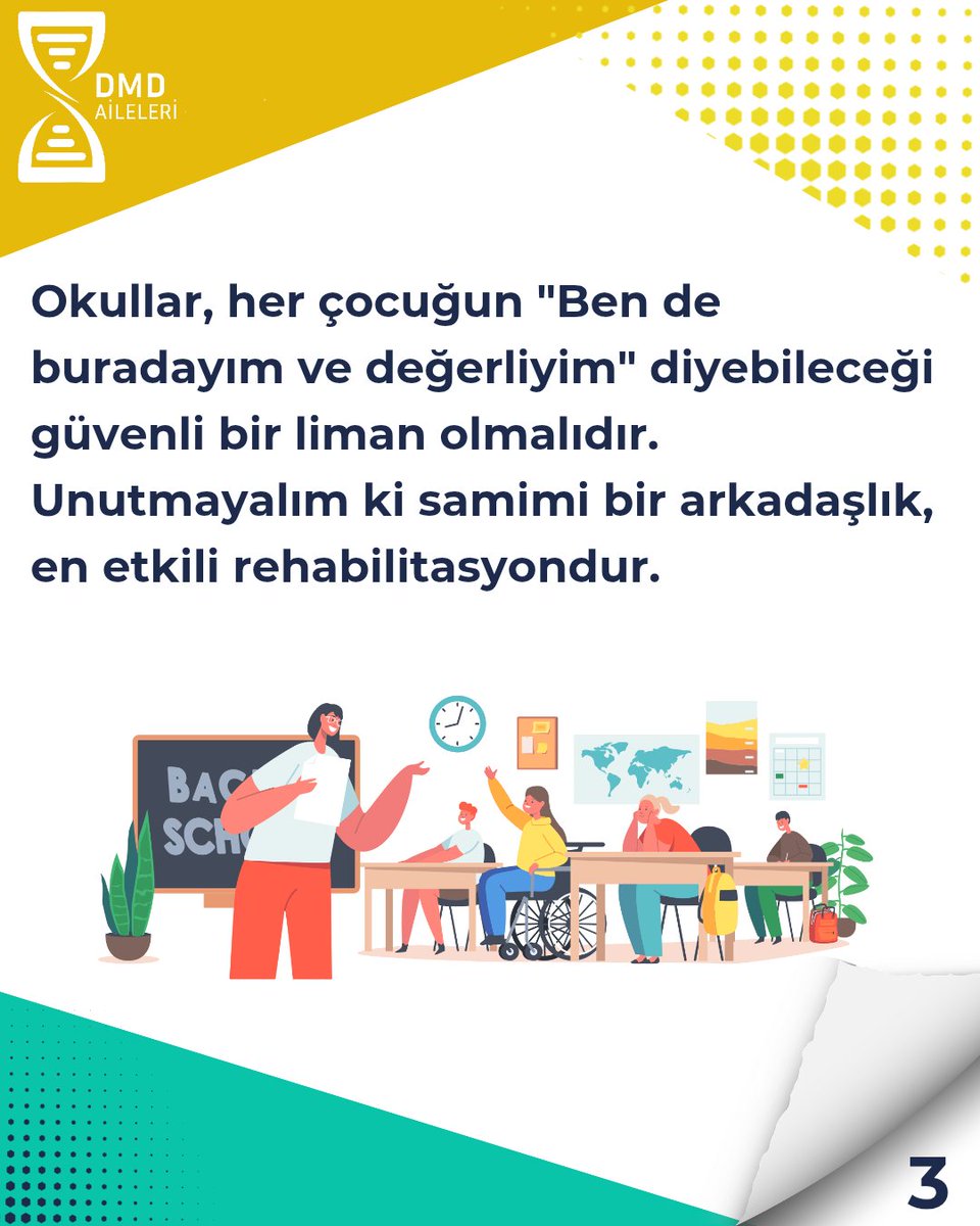 Dmd_aileleri's tweet photo. DMD ile Yaşamak: Erişilebilir Bir Dünya

DMD’li bireylerin önündeki en büyük engel, dünyanın onlara göre tasarlanmamış olmasıdır. Aşılamayan basamaklar, ulaşılması güç mekanlar ve  farkında olmadan kullanılan dışlayıcı bir dil... Görünmez bariyerlerin yarattığı bu yorgunluk, bir gencin dünyaya açılan kapısını kapatmasına neden olabilir.
Oysa bizden beklenen mucize değil; sadece fırsat eşitliği ve alan açmaktır.

Çocukları hayalleri, yetenekleri ve tutkularıyla tanıyalım. Destek olmak; başarılarını görmek kadar, motivasyonları düştüğünde sabırla yanlarında durabilmektir.

Okullar, her çocuğun "Ben de buradayım ve değerliyim" diyebileceği güvenli bir liman olmalıdır. Unutmayalım ki samimi bir arkadaşlık, en etkili rehabilitasyondur.

Erişilebilirlik, sadece rampalarla sınırlı değildir. Eğitimde, sosyal yaşamda ve psikososyal destek mekanizmalarında engelleri kaldırmak, her bireye fırsat eşitliği sunmak gerçek kapsayıcılığın temelidir.

DMD'li bireylerin yaşamı yalnızca hastalıkla mücadeleden ibaret değildir. Doğru politikalar ve kapsayıcı bir yaklaşım sayesinde bu çocuklar eğitimde, sosyal yaşamda, üretimde aktif şekilde yer alabilirler.

Erişilebilir bir şehir, bir okul, destekleyici bir öğretmen, bilinçli bir toplum çocukların yaşamını değiştirebilir.

DMD ile yaşayan çocuklarımızın tek bir arzusu var: 
Hayatın kenarında izleyici olmak değil, 
tam kalbinde yer almak.
#dmd #duchenne #duchennemusculardystrophy #keşfetteyim #sosyalmedya #pazartesi #salı
