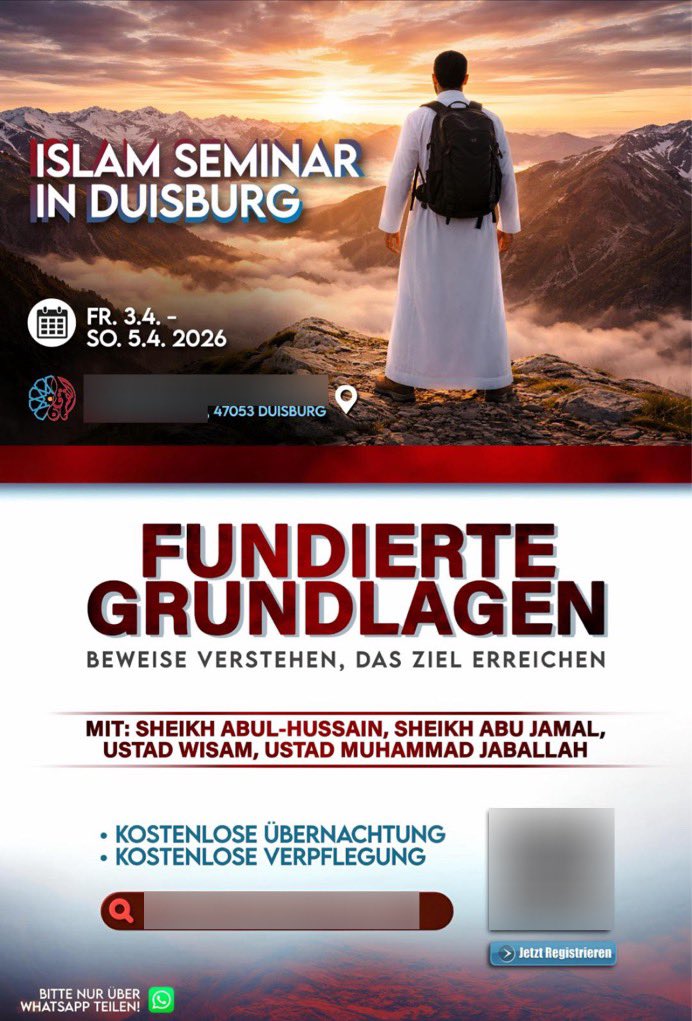 luk_bre's tweet image. Wie schon mehrfach zuvor findet Anfang April in einer Moschee in #Duisburg ein mehrtägiges Seminar mit mehreren bekannten #Salafisten-Predigern (u.a. aus #NRW) statt. Schon seit Jahren treten in der Einrichtung immer wieder #Islamisten auf. #Islamismus #Salafismus
