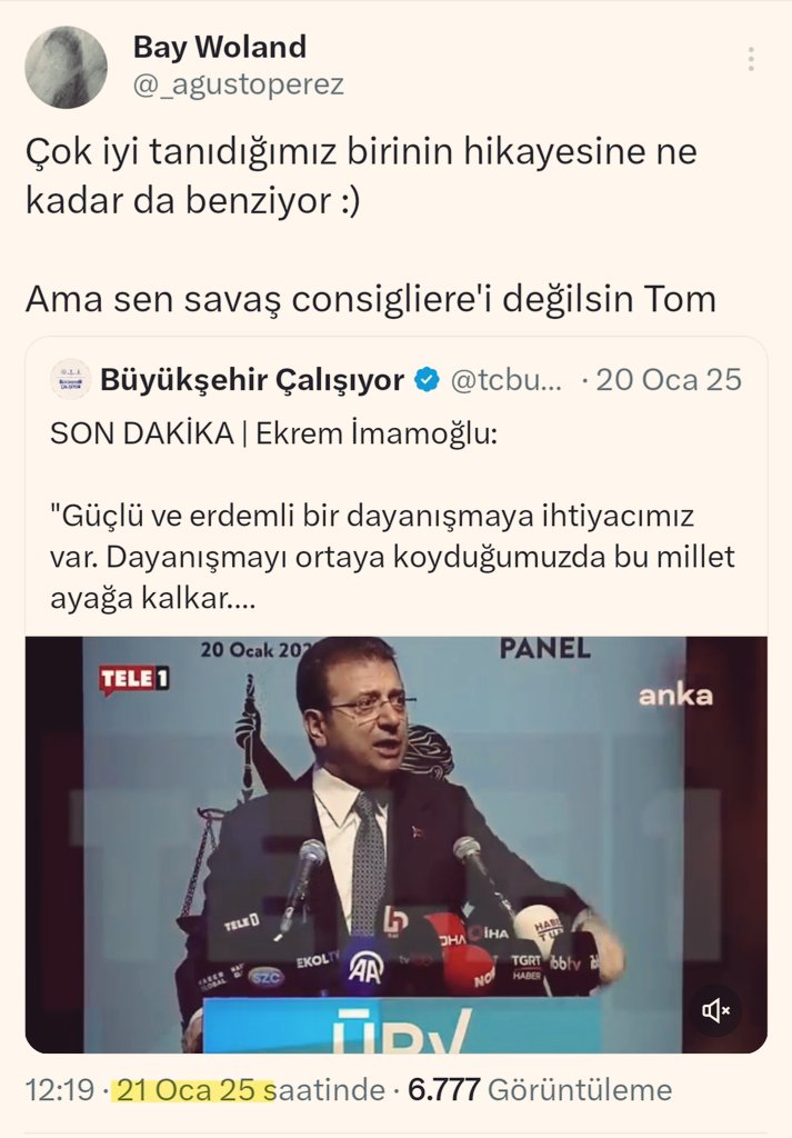 _agustoperez's tweet photo. "Sen savaş consigliere'i değilsin, Tom!"

Çünkü savaş dönemi barış, barış dönemi savaş consigliere'i olmaz

İmamoğlu, bu konjonktürün consigliere'i değildi. Masaya çıkıp tepinseniz de, tweetler atsanız da, Kemal Paşa ile eş tutsanız da, değil.

Bakın, The Economist ne diyor 👇 https://t.co/0mdpAbvixC