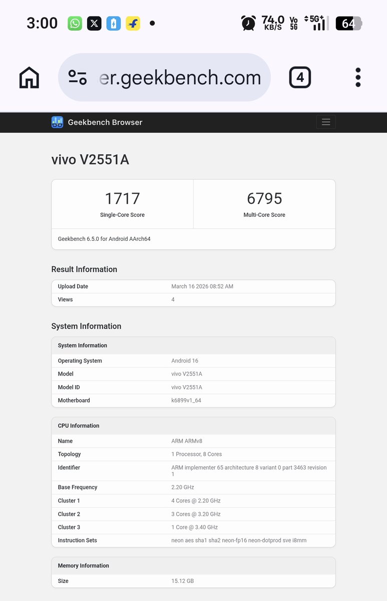 ゆうかページ (18000) iQOO Z11 (vivo V2551A) spotted on Geekbench 👀 Specifications