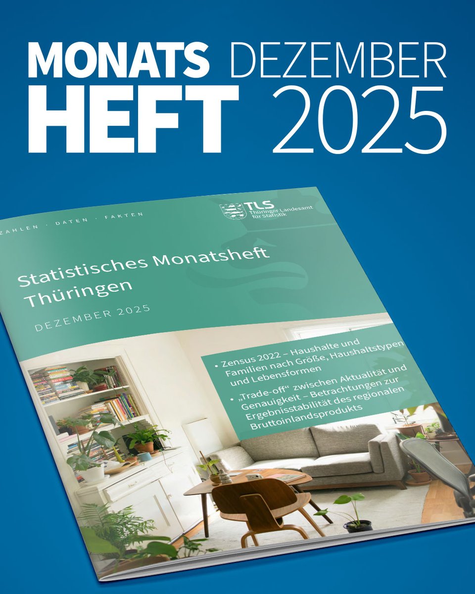 Statistik_TLS's tweet image. Statistisches Monatsheft Dezember 2025 veröffentlicht: statistik.thueringen.de/presse/2026/pr…

Die Ausgabe enthält u. a. den Aufsatz zum #Zensus 2022 - #Haushalte und #Familien, sowie einen Methodenaufsatz zum #Bruttoinlandsprodukt.

Download: statistik.thueringen.de/webshop/websho…