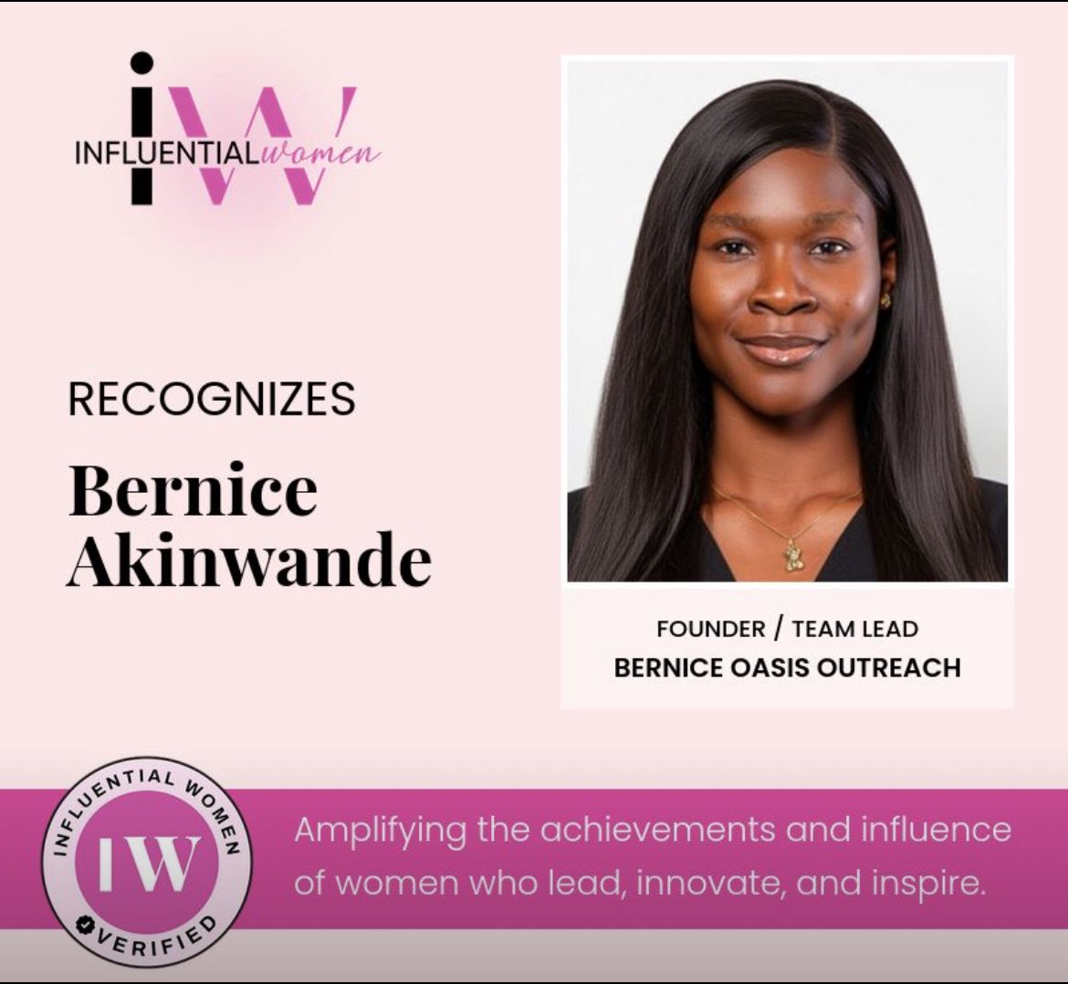 We’re proud to celebrate our Founder, <a href="/bernicekups/">A joy of many generations🌸</a> , on this recognition by Influential Women.

This moment reflects the heart and mission behind Bernice Oasis Outreach and the incredible community supporting this work.

The work continues. 🌍

#BOOImpact 
#leader
#womenwholead