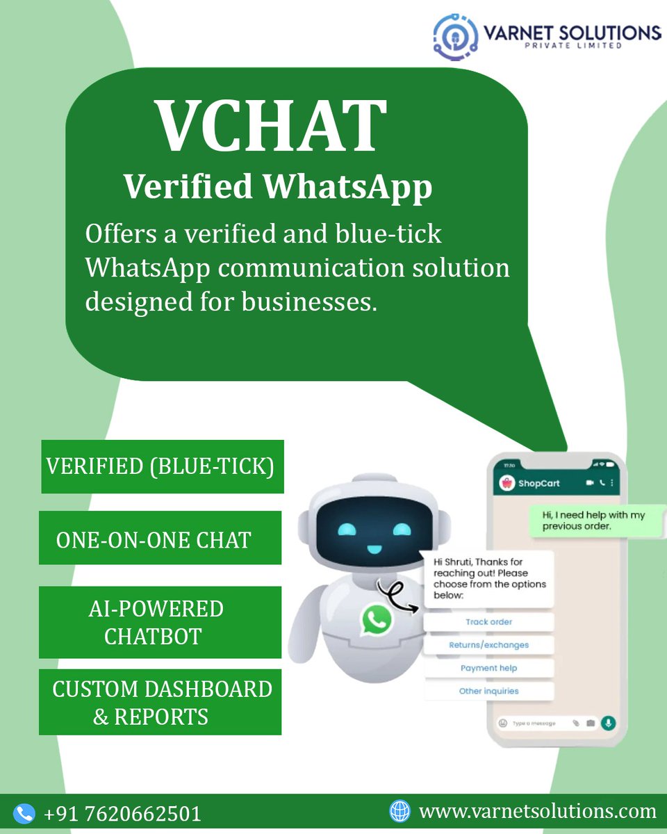 Varnet_solution's tweet image. 💬 Turn conversations into conversions with VCHAT – Verified WhatsApp for Business! 🚀
Build instant trust with the Blue Tick, automate replies with AI chatbots, and manage all customer chats from one powerful dashboard. 

📞: +91 7620662501
🌐: varnetsolutions.com

 #VCHAT