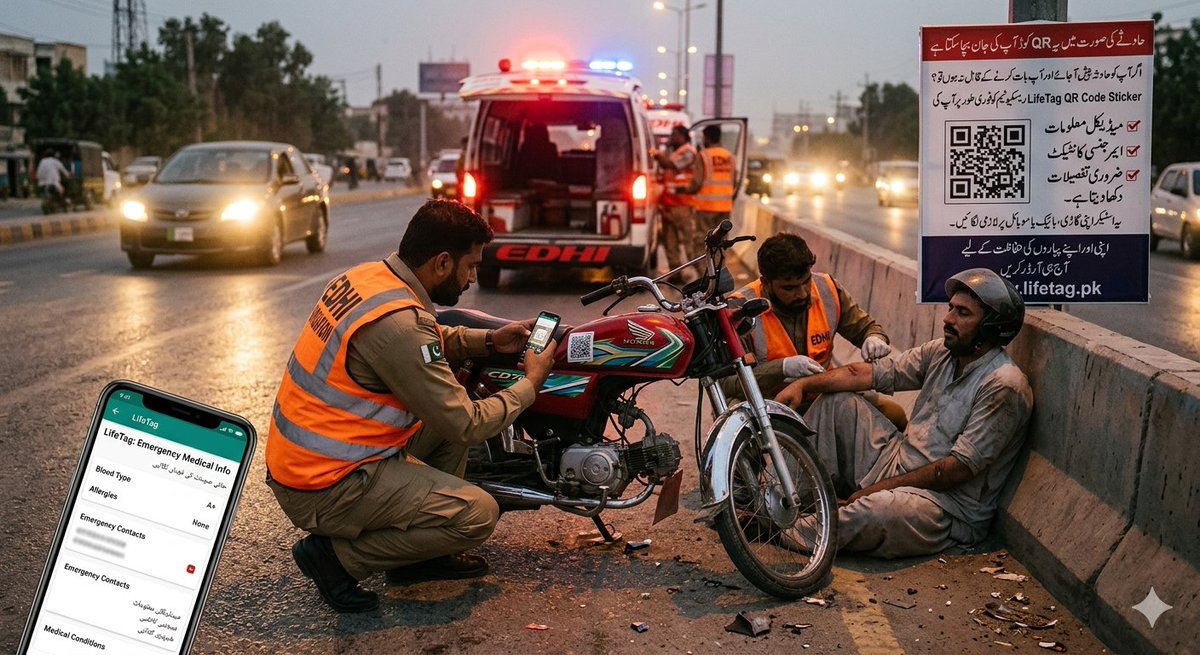 LifeTagPakistan's tweet photo. Agar khuda na khasta hadsa ho jaye aur aap baat na kar saken to? 

Rescue team ko foran aap ki:
✔ Medical maloomat
✔ Emergency contact

Apni aur apne pyaron ki hifazat karein.

Order Now
 https://t.co/Acok73YQLB

#LifeTagPakistan #EmergencyQR #SafetyAwareness #lifetagpk https://t.co/i0Reh2xIM2