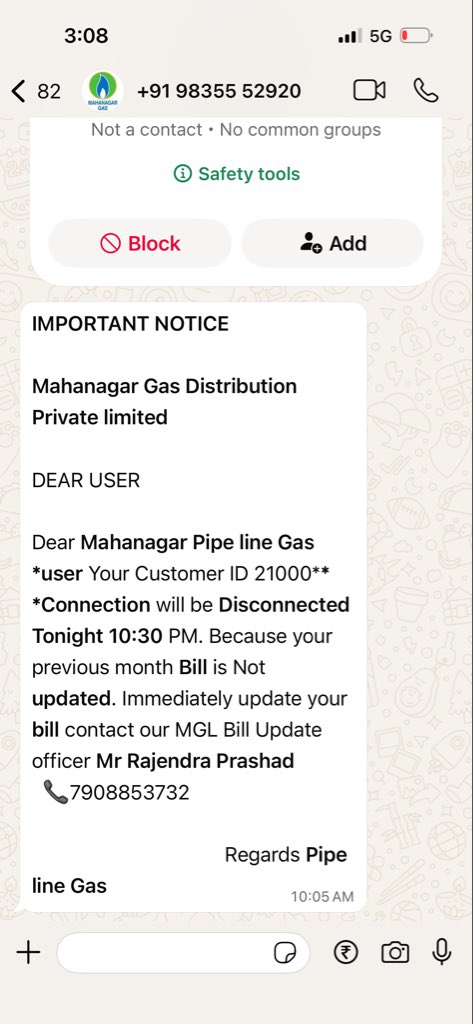 A suspicious person claiming to be from Mahanagar Gas is asking people to download an APK file. This message has been received by many residents in our society and looks like a potential fraud. 
Requesting <a href="/MumbaiPolice/">मुंबई पोलीस Mumbai Police</a> <a href="/mahanagargas/">Mahanagar Gas Ltd.</a> to please investigate this matter urgently.