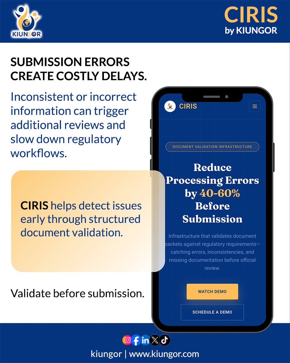 kiungorOrg's tweet photo. Submission errors can lead to delays and additional review cycles.
CIRIS helps detect issues early through structured document validation.
Explore the demo:
https://t.co/a28RjK0t2j
#CIRIS #Compliance #LegalTech #RegTech #DocumentValidation #WorkflowIntegrity #ImmigrationLaw https://t.co/aUOGe6lzsU