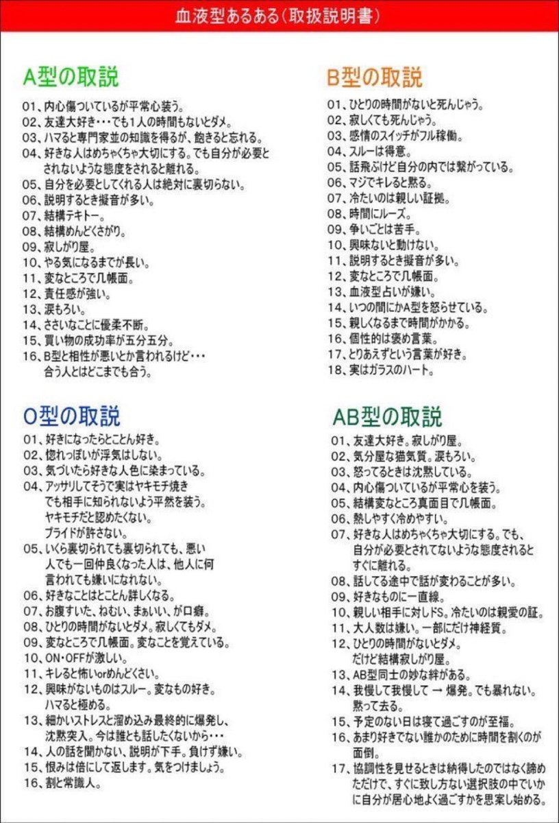 dokuneee's tweet photo. 血液型取り扱い説明書👍 https://t.co/k39YyDA9R9
