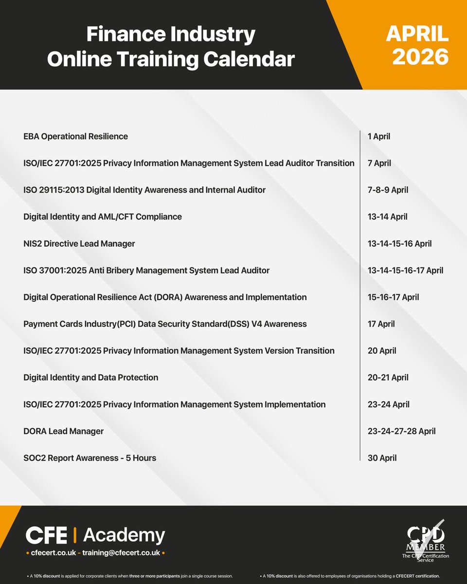 CfeCert's tweet photo. You’ll find everything you need in our April training calendar, designed to support the personal career journeys of those working in the #financialsector. Courses include #ISO/IEC27701 for personal #data and regulatory #compliance, #DORALeadManager, #NIS2Directive #LeadManager… https://t.co/bSRKGEB8GD