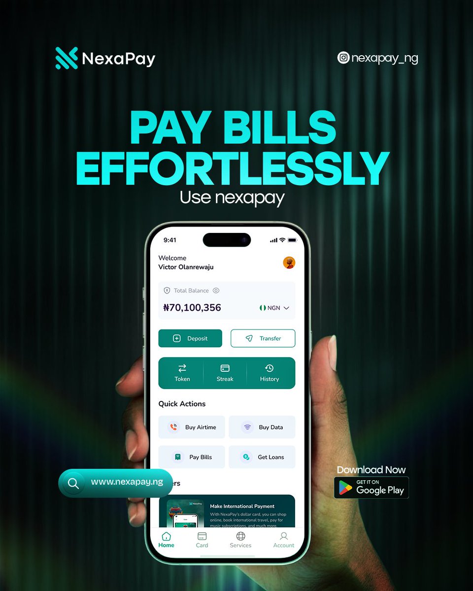 nexapay_ng's tweet photo. Paying bills shouldn't feel like a chore.
With NexaPay it's just a tap.
✅ Pay bills
✅ Buy airtime &amp; data
✅ Transfer &amp; deposit
✅ Make international payments
One app. Everything in one place. ⚡

Download now 👉 https://t.co/t8KhzvdHO4

#NexaPay #PayBills #Fintech #Fintech https://t.co/Laqf1uBAH3