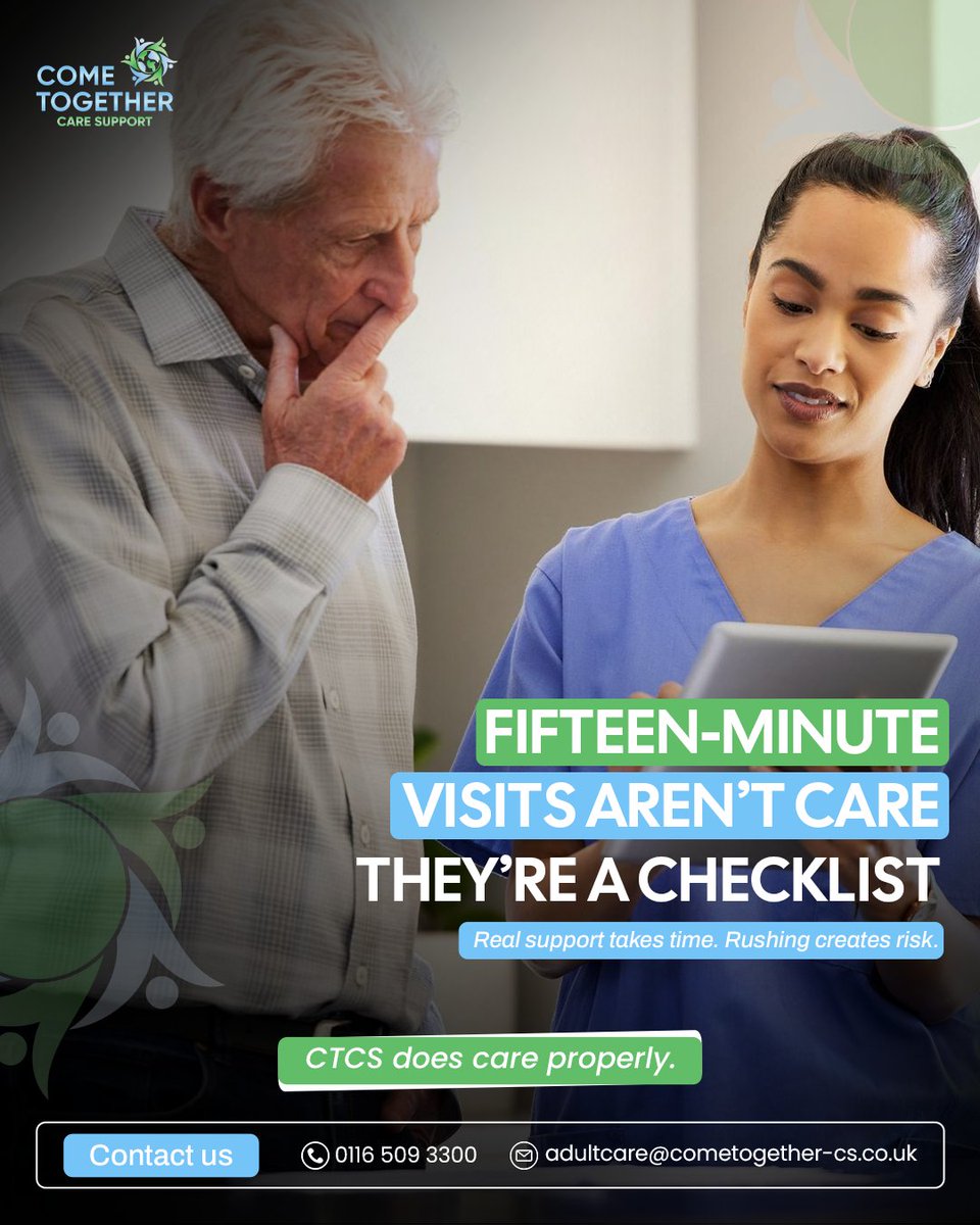ctcscare's tweet image. Many UK families are concerned about rushed care visits. CTCS prioritises structured, attentive home care that focuses on safety, dignity and proper time allocation.

Contact us:
📲0116 509 3300
📩adultcare@cometogether-cs.co.uk

#HomeCareUK #CareStandards #CTCS #DignityInCare