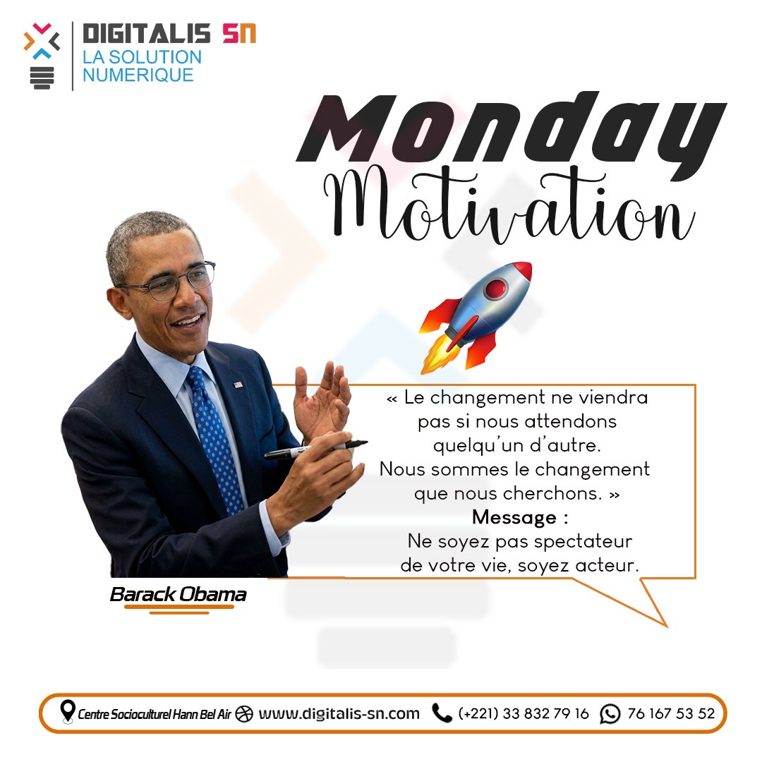 Digitalis_sn's tweet photo. 🚀 MONDAY MOTIVATION
« Le changement ne viendra pas si nous attendons quelqu’un d’autre.
Nous sommes le changement que nous cherchons. »
— Barack Obama
💡 N’attendez pas l’opportunité parfaite.
Créez-la. Agissez. Transformez vos idées en impact.
#MondayMotivation #Leadership https://t.co/5Ct7ifttR1