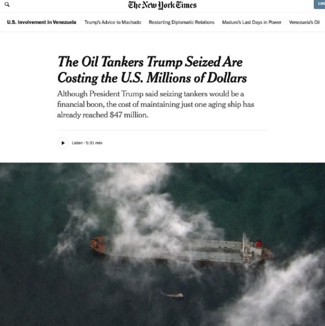 ZaZdzislaw's tweet image. #NYT tankowce Trumpa kosztują USA dziesiątki milionów dolarów.
Kampania mająca na celu przejęcie tankowców przewożących ropę naftową pochodzącą z krajów objętych sankcjami USA okazała się o wiele kosztowniejsza, niż oczekiwano.
Koszt utrzymania tankowca Skipper wyniósł 47 mln$.