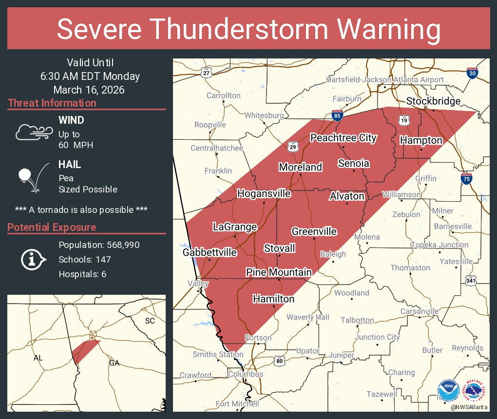 Severe Thunderstorm Warning including Peachtree City GA, Newnan GA and  LaGrange GA until 6:30 AM EDT