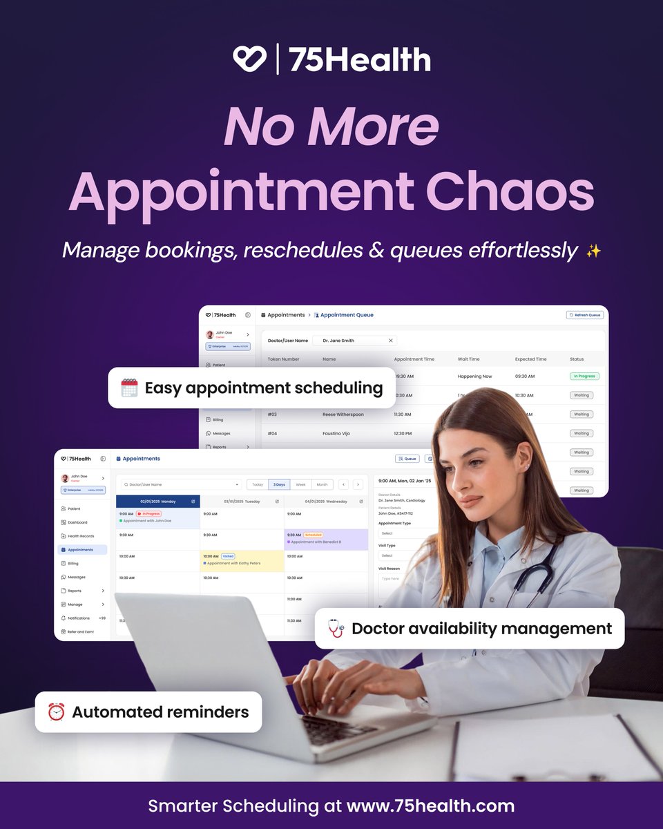 Appointments. Reschedules. Patient queues.

Handle everything smoothly with 75Health appointment scheduling.

Less chaos. More care. 👨‍⚕️

#75Health #EHR #EMR #Healthcare #ElectronicHealthRecord #DigitalHealthRecord #DigitalHealthCare