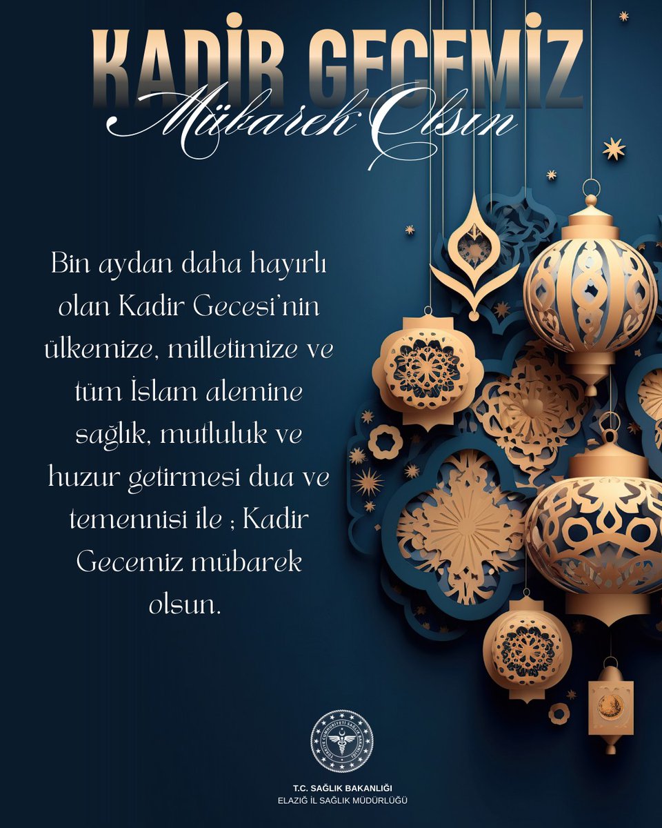 Bin aydan daha hayırlı olan Kadir Gecesi'nin ülkemize, milletimize ve  tüm İslam alemine sağlık, mutluluk ve huzur getirmesi dua ve temennisi ile; Kadir Gecemiz mübarek olsun.