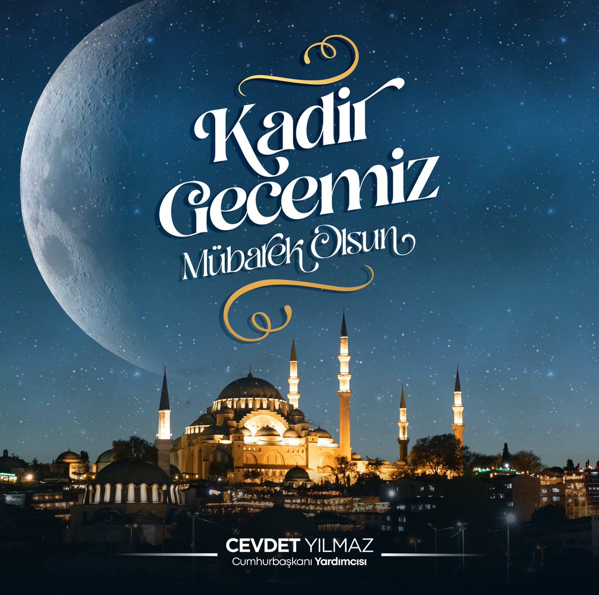 Kadir Gecesi’ne bizleri ulaştıran Rabbimize hamd ediyorum.

Bin aydan daha hayırlı olduğu müjdelenen bu mübarek gecenin ülkemize, milletimize, islam alemine ve tüm insanlığa hayırlar, huzur ve barış getirmesini niyaz ediyorum.

Leyletü’l-Kadr’imiz mübarek olsun